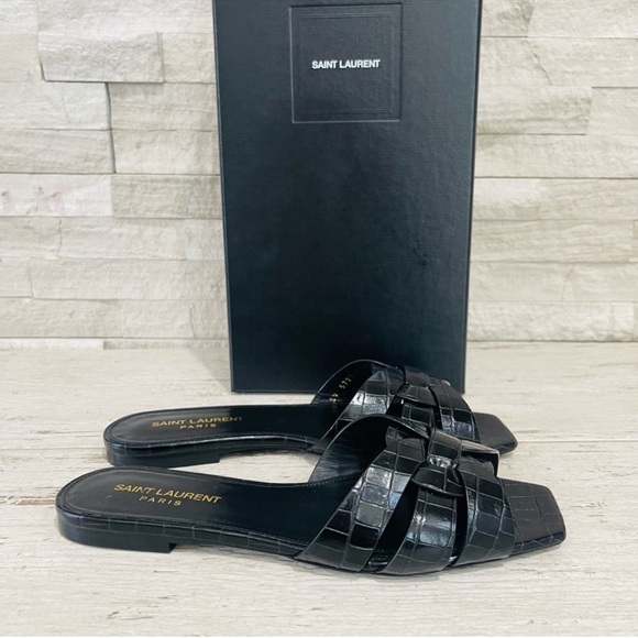 Saint Laurent Size 37 YSL Leather TRIBUTE Black Croc Embossed Flat Slide Sandals - Picture 3 of 13
